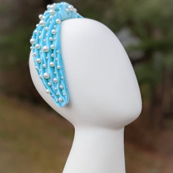 Tiffany Blue Pearl Knot Velvet Headband Pearl Beads Handmade Knotted Turban main image 7
